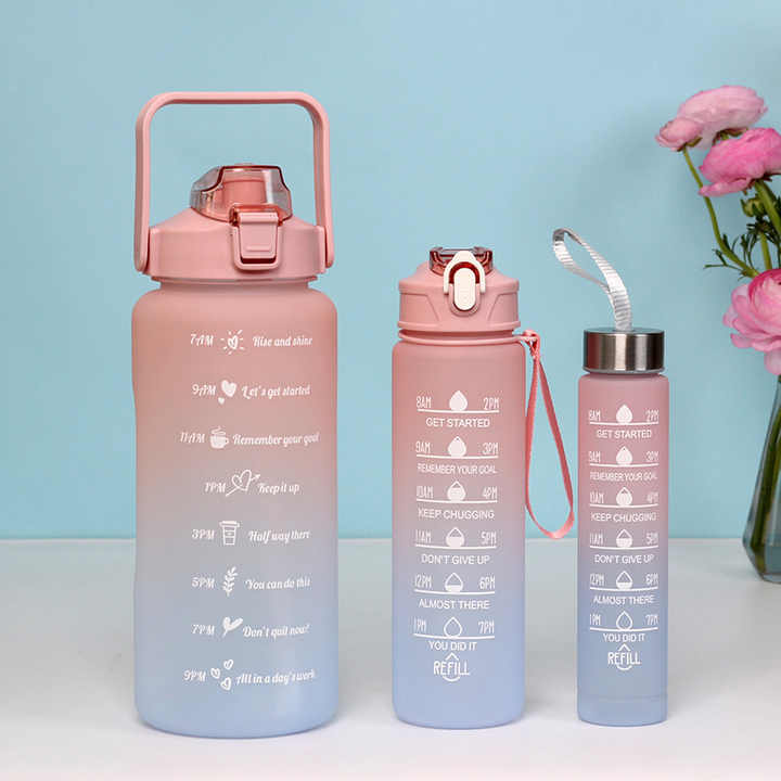 Sports Water Bottles 3 Pcs Set With Motivational Time Marker & Leak Proof Flip Top Lid (random Color) - The Home Havens