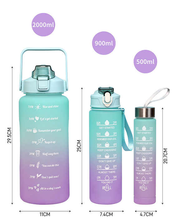 Sports Water Bottles 3 Pcs Set With Motivational Time Marker & Leak Proof Flip Top Lid (random Color) - The Home Havens